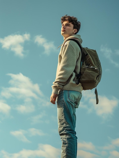 a young man with a backpack stands on a ledge with the sky behind him