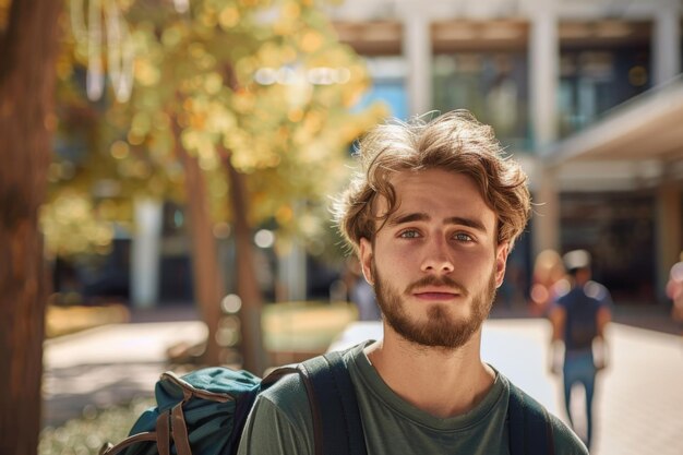 Young man with backpack strolling in a sunny urban park showcasing a casual style and confident expression