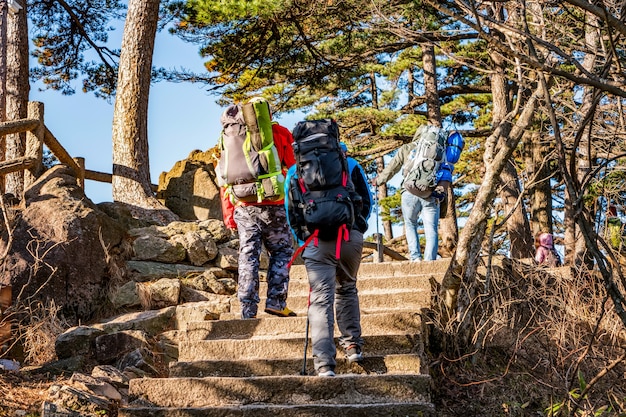 Young man with backpack walking on the road uphill