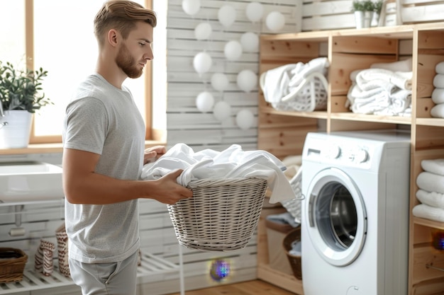 Photo young man with basket of clean laundry a portrait of domestic life in a modern home