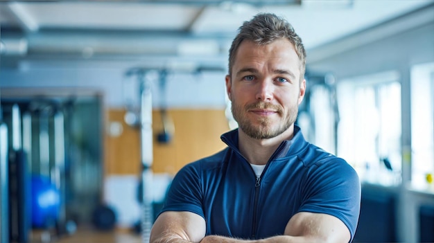 Photo a young man with a beard and blue shirt stands in a gym looking confident