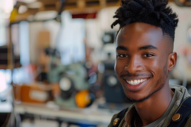 A young man with a beard and dreadlocks is smiling at the camera