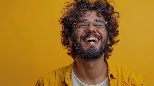 Photo young man with beard and glasses is laughing on yellow background