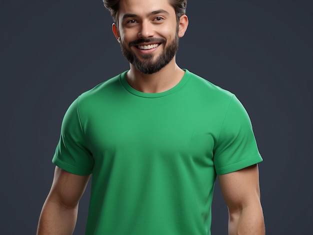 Photo a young man with a beard smiles while wearing a green tshirt against a grey background