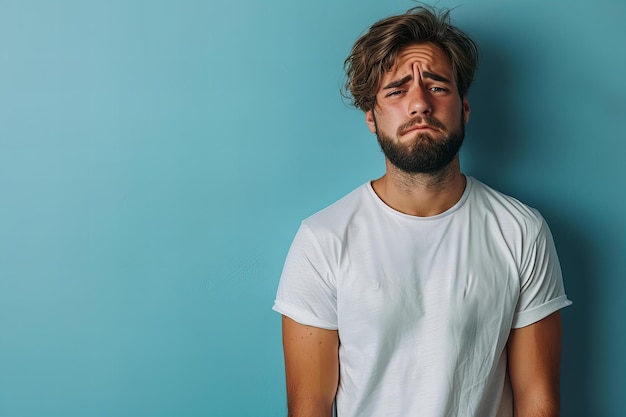 Photo young man with a beard and white tshirt feeling sad frowning or looking upset isolated on a light