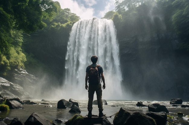 Photo young man with beautiful waterfall in jungle landscape photography