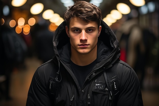 a young man with black backpack in sports clothes walks in city front view portrait