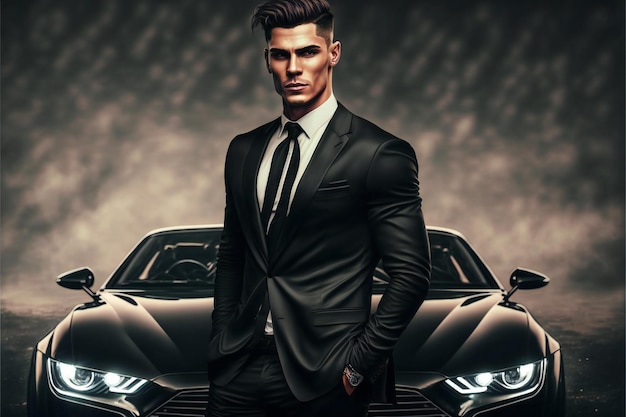 Young man with black car digital illustration painting artwork