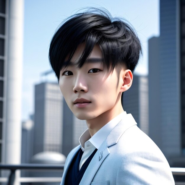 A young man with black hair and a white suit is standing in front of a cityscape.