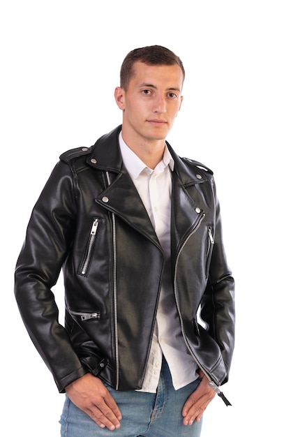 Young man with a black leather jacket