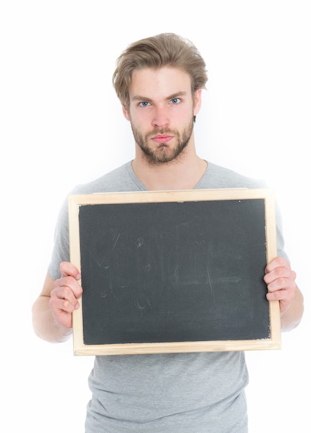 Young man with blackboard isolated on white background, business and marketing, shopping and black friday, copy space