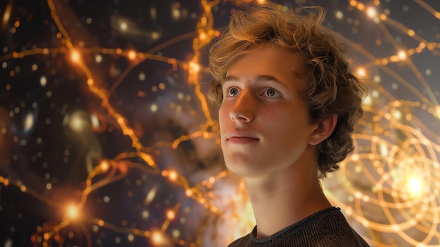 Photo a young man with blonde curly hair stares up with a contemplative expression in front of a background of warm colored glowing lights