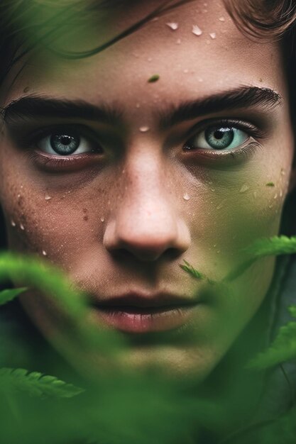 A young man with blue eyes and green leaves in the background