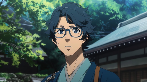 A young man with blue hair and glasses looks up at something offscreen with a surprised