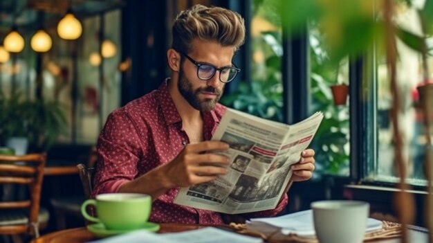 A young man with casual clothing and glasses reads a newspaper in a cafe Generative AI