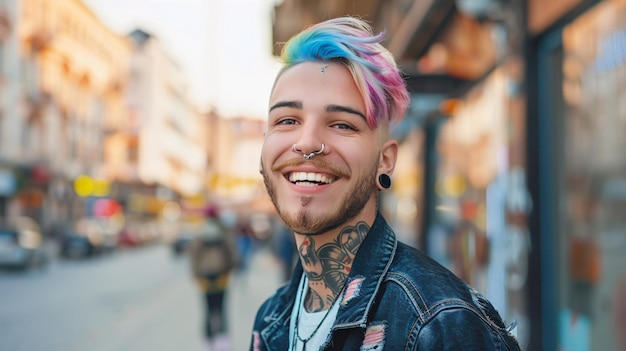 Young man with colorful hair and tattoos smiling in a city setting