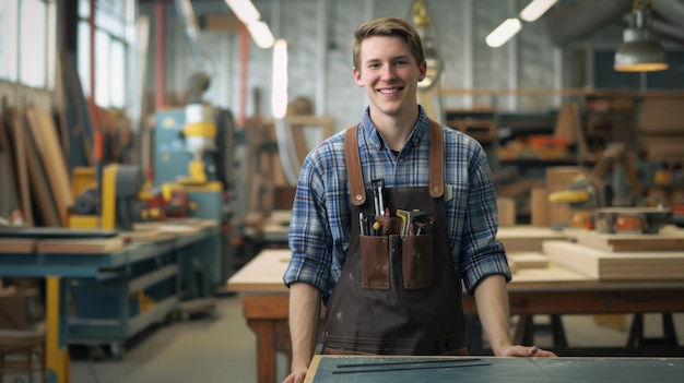 Photo a young man with crossed arms wearing a checkered shirt and a leather tool belt stands confidently in a carpentry workshop