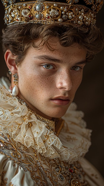 Photo a young man with curly hair and a gold beaded necklace