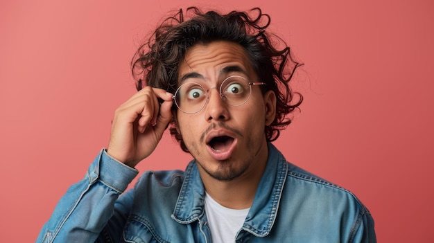 young man with curly hair is holding his round glasses and looking at the camera with a surprised and somewhat confused expression on a coral background