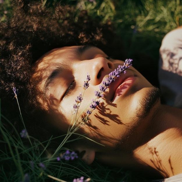 Photo a young man with curly hair lies in a field of lavender with his eyes closed and a sprig of lavender resting on his face