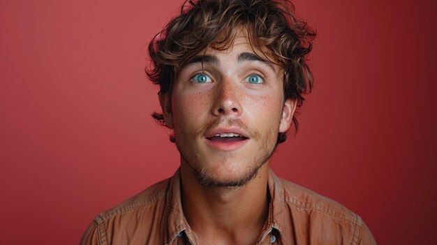 Young Man With Curly Hair Looking Up in Surprise Against a Red Background