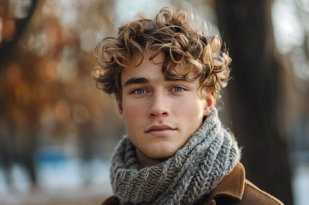 Photo a young man with curly hair and a scarf is standing in front of a tree