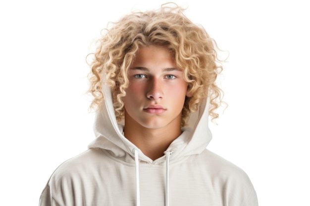 A young man with curly hair wearing a hoodie Suitable for fashion urban lifestyle and casual wear themes