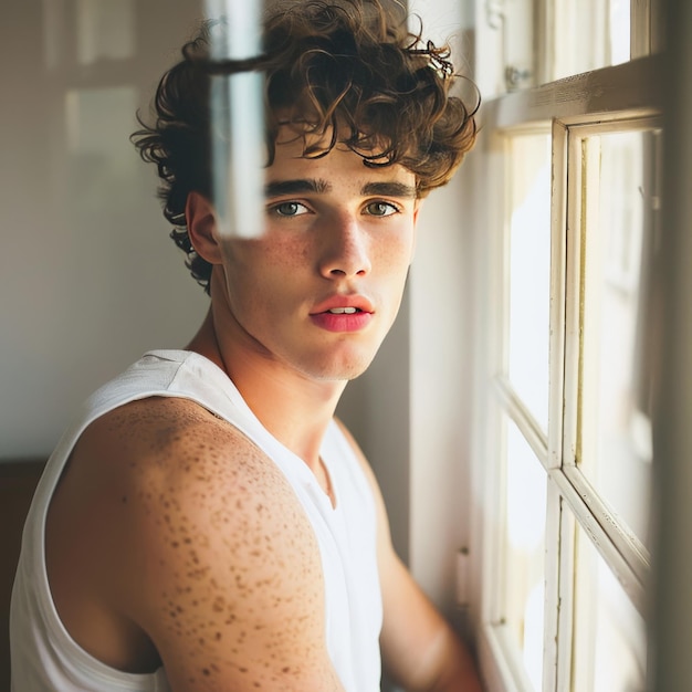 a young man with curly hair and a white tank top is looking out a window