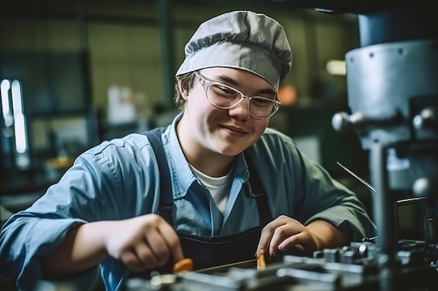 Young man with Down syndrome working in a workshop AI Generated