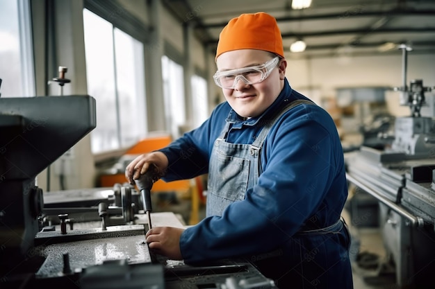 Young man with Down syndrome working in a workshop AI Generated