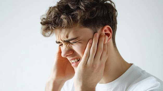 Young Man with Ear Pain on White Background