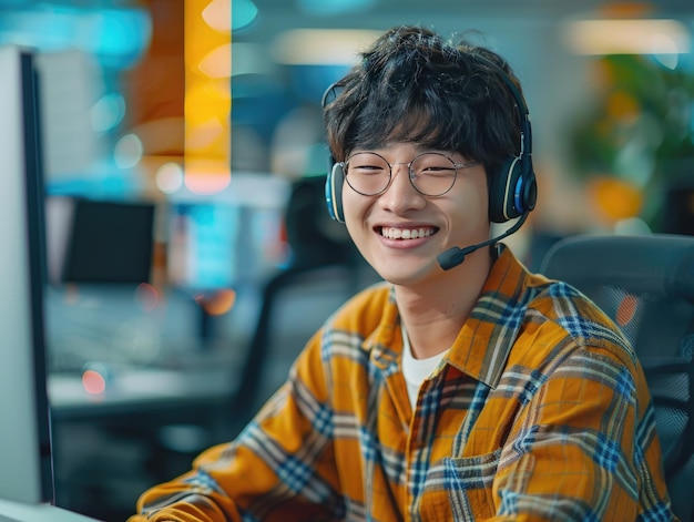 A young man with earphones in the office