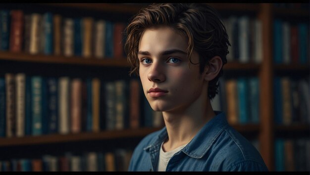 Young Man with Electric Blue Hair in Old Library at Sunset