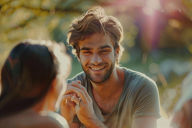 Young man with engagement ring making proposal to his beloved girlfriend outdoors