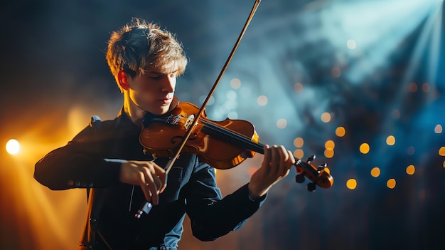 Photo a young man with focused concentration plays the violin under dramatic stage lighting