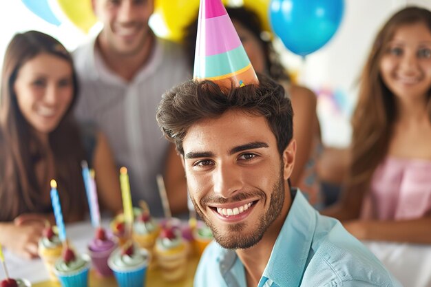 Young man with friends celebrating birthday with cupcakes and candles