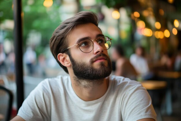 Photo young man with glasses and beard looking upwards