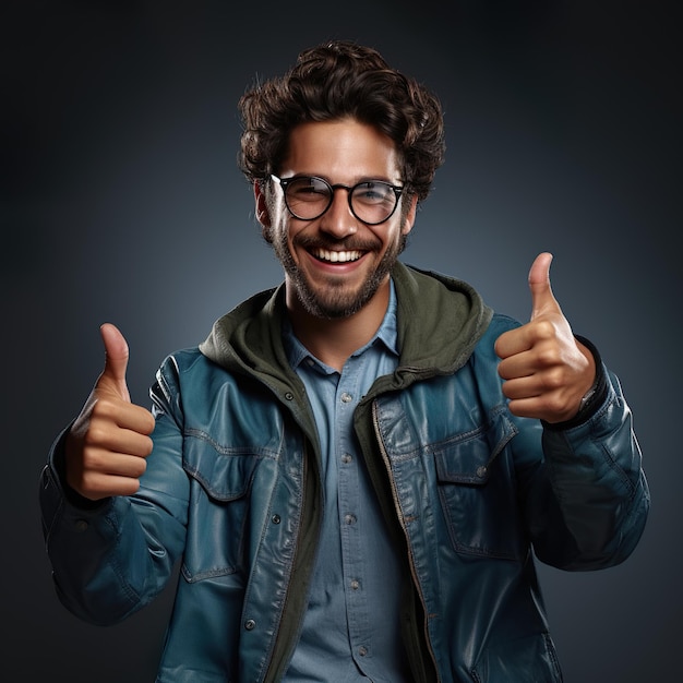 A young man with glasses and a denim jacket is giving a thumbs up sign