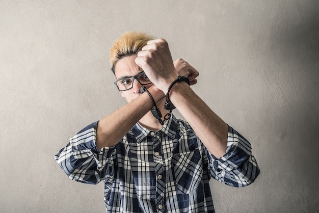 Young man with handcuffs at the wrists