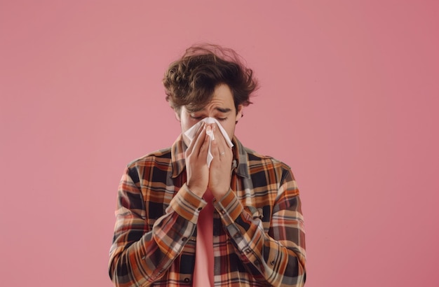 young man with handkerchief Sick guy isolated has runny nose man makes a cure for the common cold