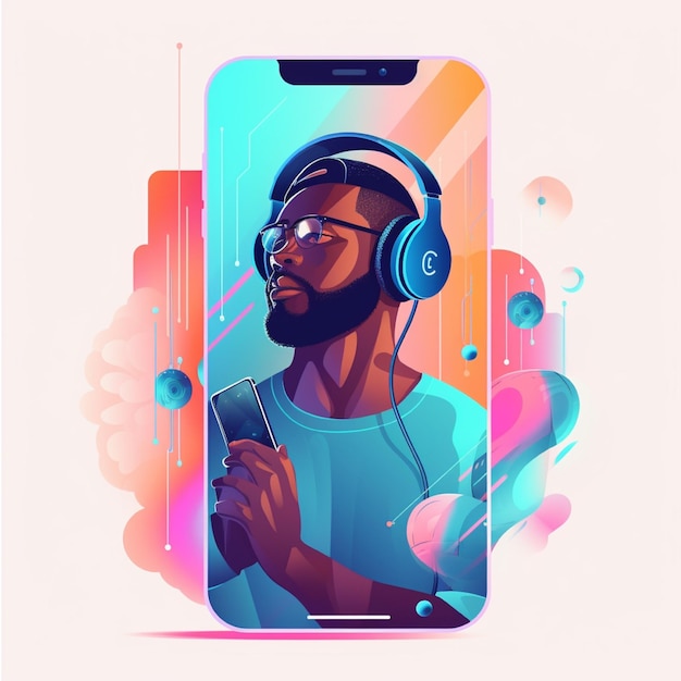 Young man with headphones listening to music on smartphone Vector illustration