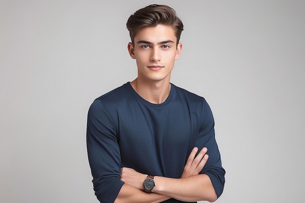 a young man with his arms crossed and a black watch on his left arm