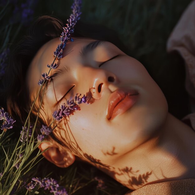 A young man with his eyes closed lying in a field of lavender The sun is setting casting a warm glow on his face