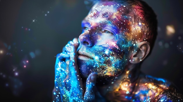 A young man with his face and body painted like a starry night sky looking upward