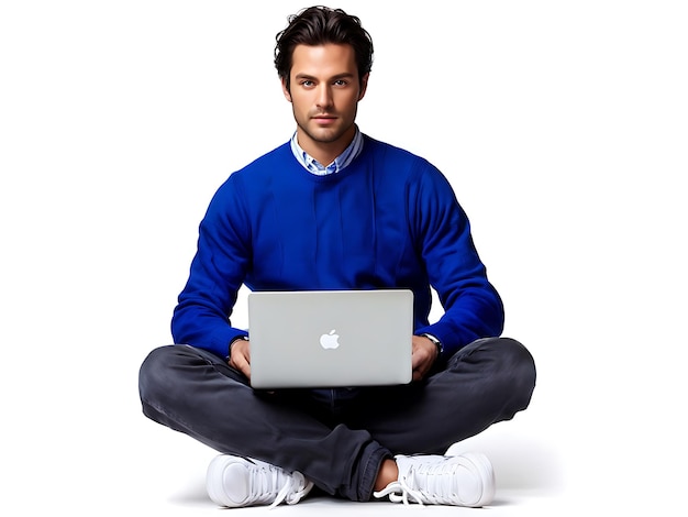 Young man with his laptop sitting one the floor thinking an idea