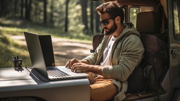 Young man with laptop Mountain view Illustration AI GenerativexA