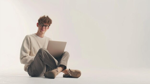 Young man with laptop sitting on the floor working in the style of light gray and light bronze smile