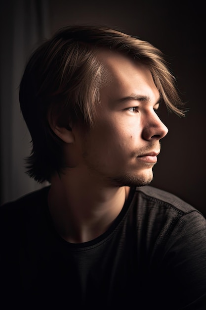 A young man with long blonde hair and a black shirt is looking into the camera.