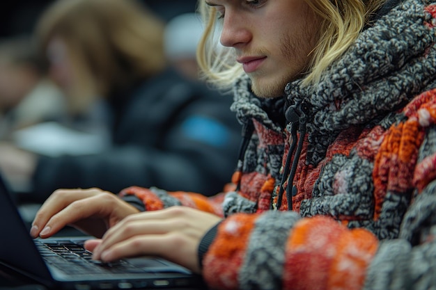 Photo a young man with long blonde hair wearing a red and grey jacket is typing on a laptop computer