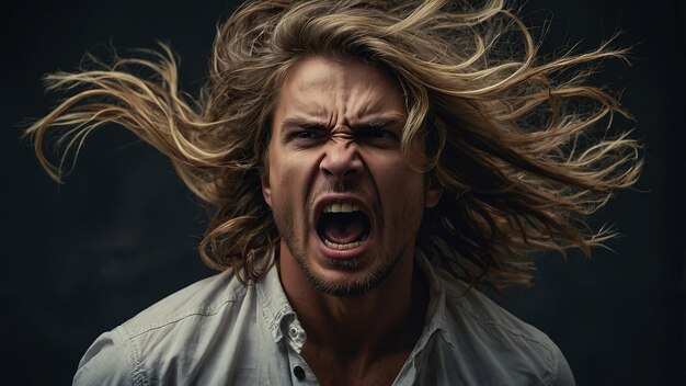 Photo a young man with long hair screams in emotional distress against a dark background